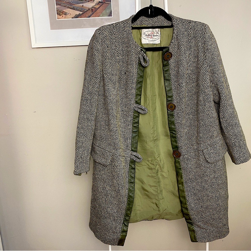 Vintage Green Wool Coat with Leather Details